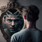 A man facing his true self image in the mirror, sad and confused, worried., evil and horned