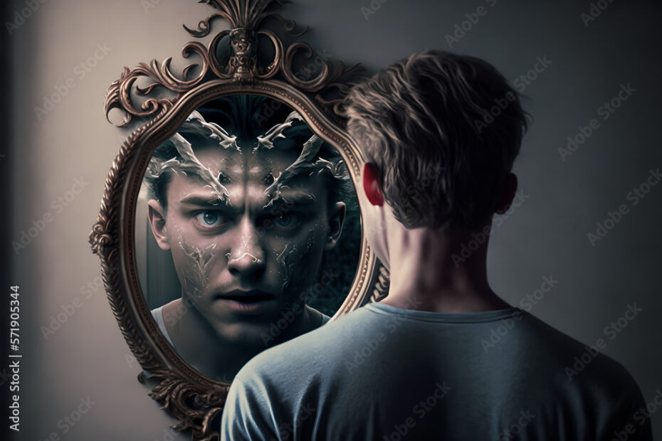 A man facing his true self image in the mirror, sad and confused, worried., evil and horned