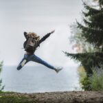 woman, jump, backpack