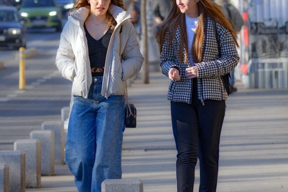 women, sidewalk, city